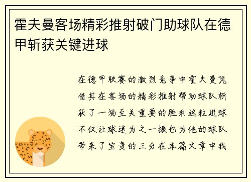 霍夫曼客场精彩推射破门助球队在德甲斩获关键进球